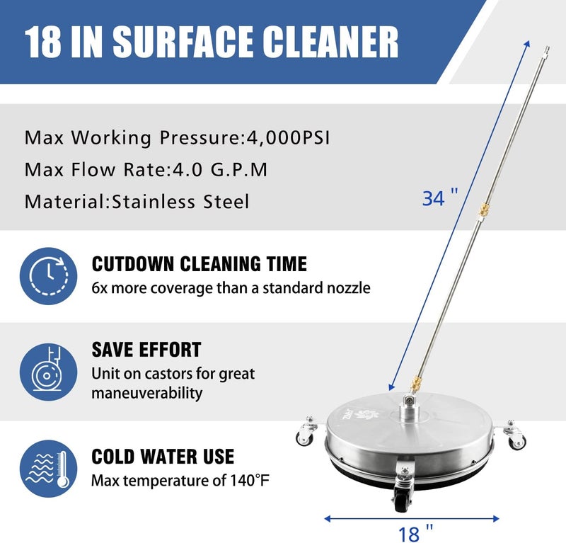 janz 18" Pressure Washer Surface Cleaner with 4 Wheels,1/4" Quick Plug,Stainless Steel Housing,2 Extension Wand Attachments, 3 Spray Nozzles and 2 Replacement Nozzles, 4000 PSI - Image 2